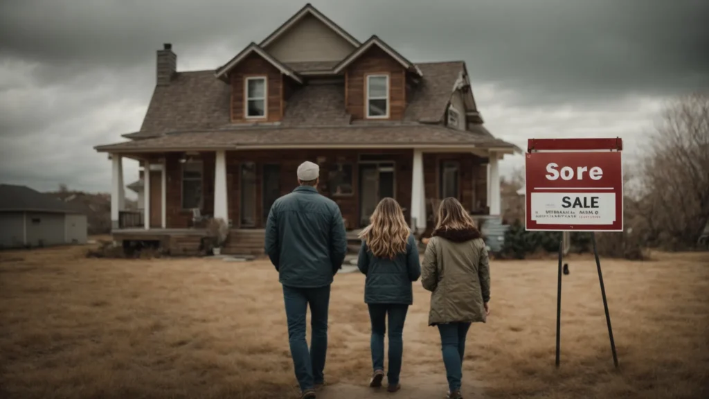 a family stands thoughtfully in front of a small, aging house with a "for sale" sign.