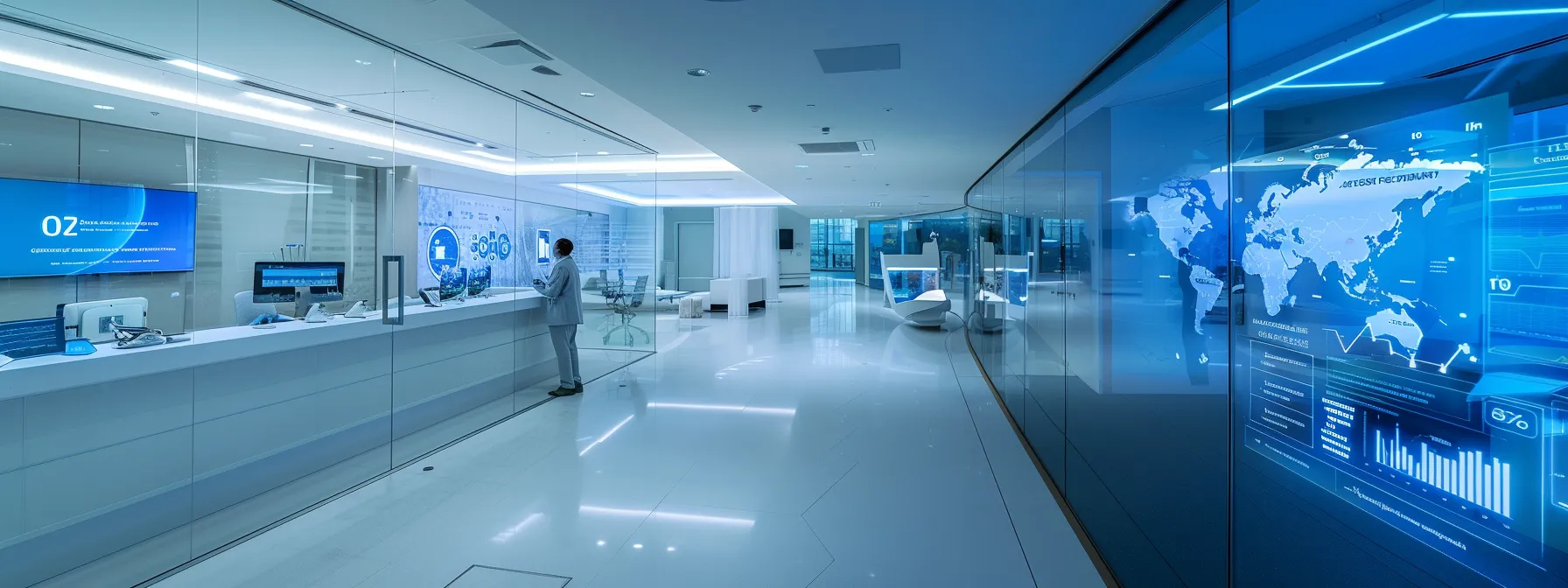 a modern office environment featuring anton, a sleek digital interface displaying real-time customer interaction metrics, illuminating the engaged expressions of healthcare executives as they analyze his rapid response and predictive analytics capabilities, with a backdrop of advanced technology enhancing their strategic discussions.