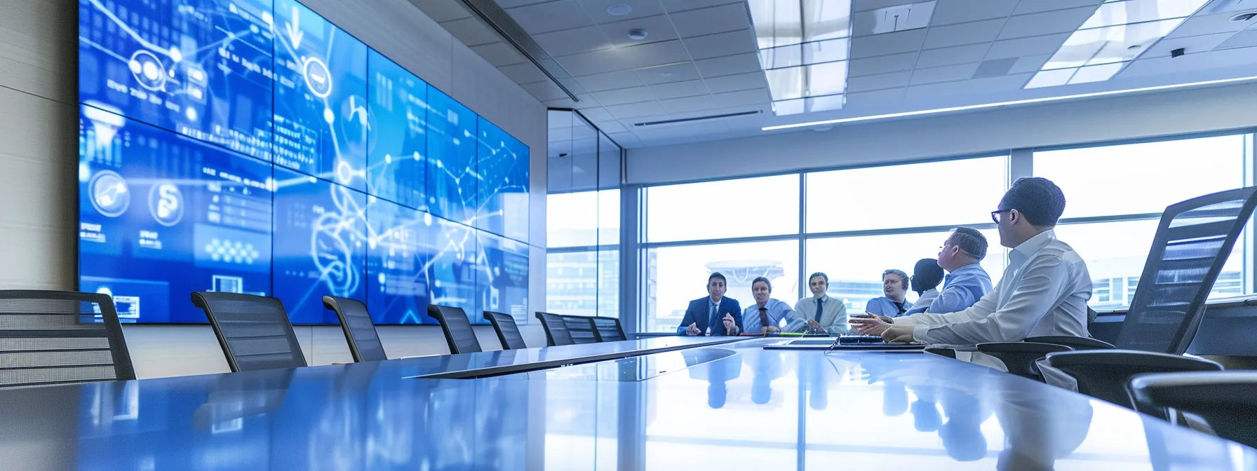 a sleek, modern boardroom setting vibrantly illuminated, showcasing engaged healthcare executives in dynamic discussion around a digital display of ai-driven marketing strategies and training materials, illustrating the essence of maximizing potential through expert support and innovative communication practices.