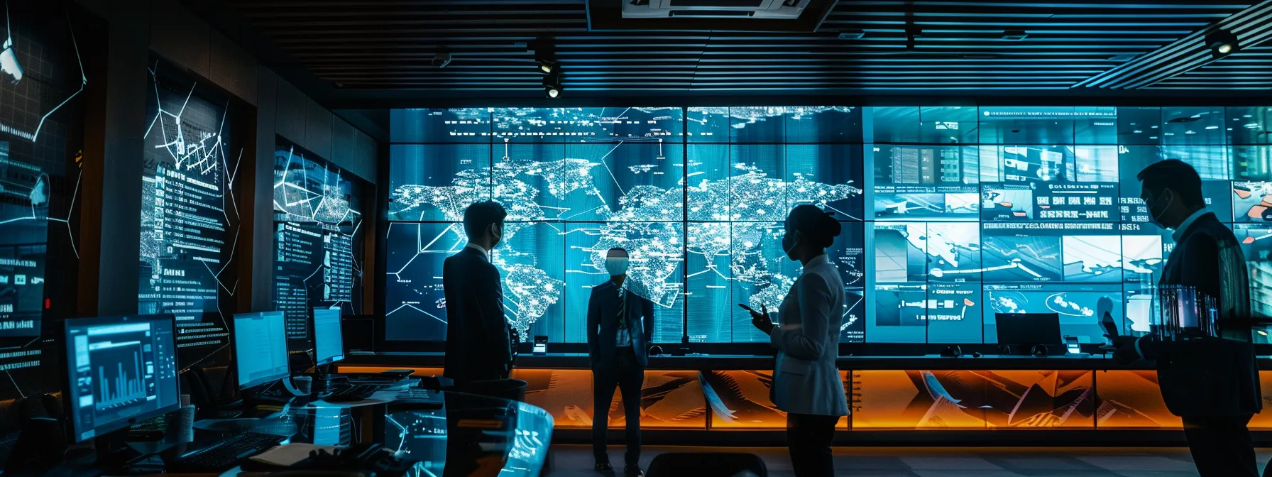 a sleek, modern office environment showcases a diverse team engaged in dynamic discussions around a large digital display, illustrating anton's innovative development strategies and future updates in customer data management and call operations.
