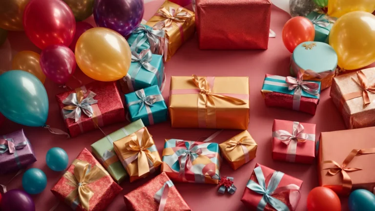 a table adorned with a variety of wrapped gifts, surrounded by colorful balloons.