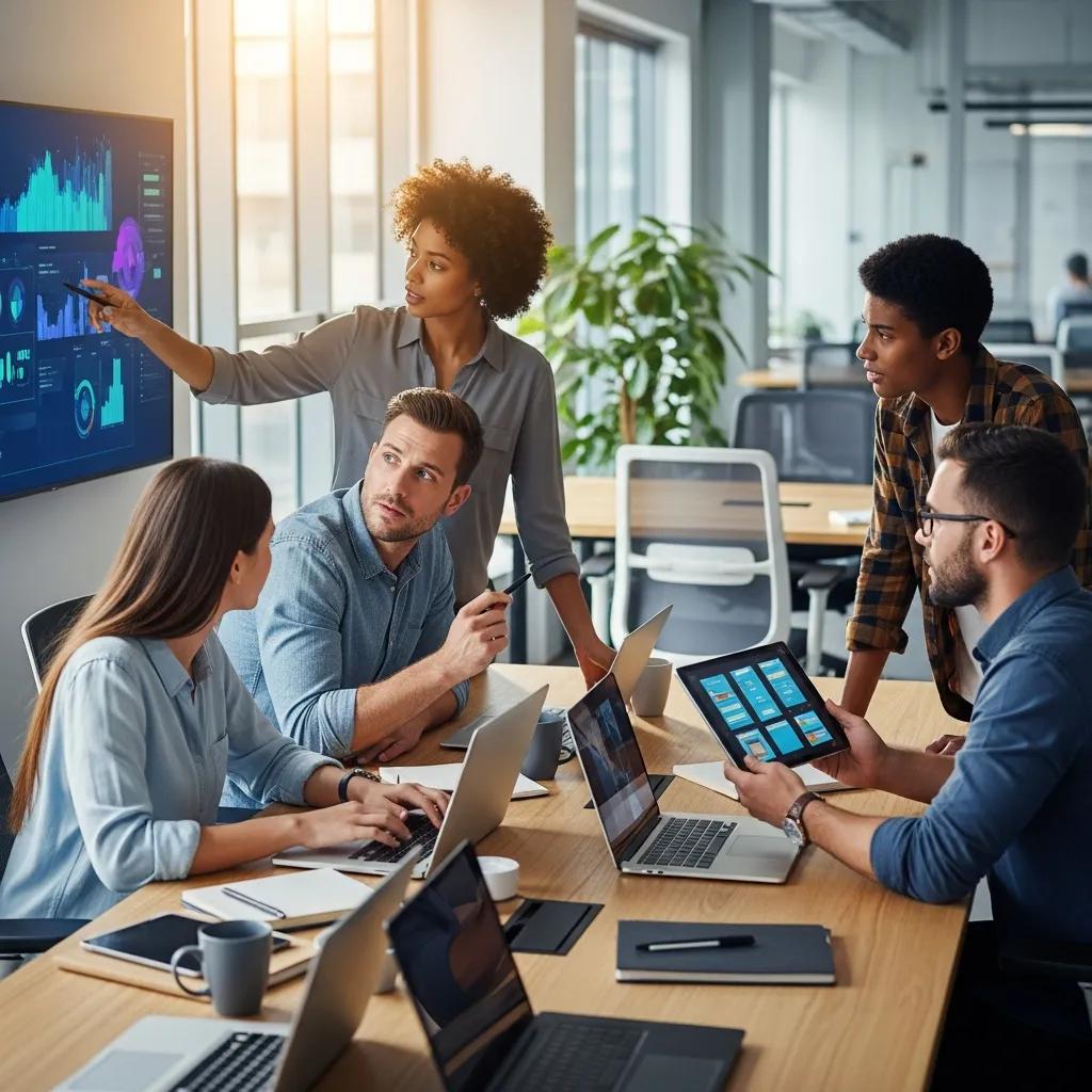 Diverse professionals collaborating in a modern office, emphasizing enterprise software solutions and teamwork