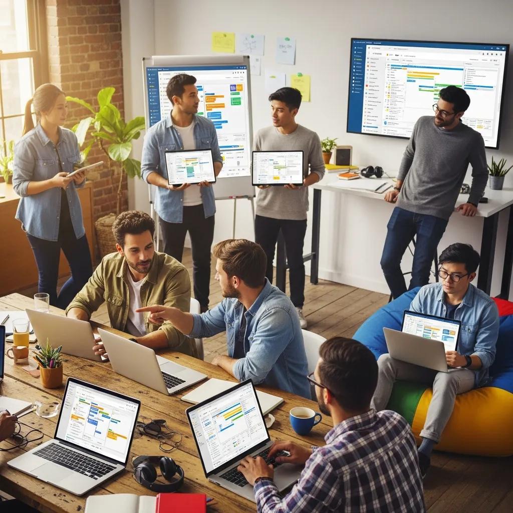 Startup team utilizing project management software tools in a collaborative workspace