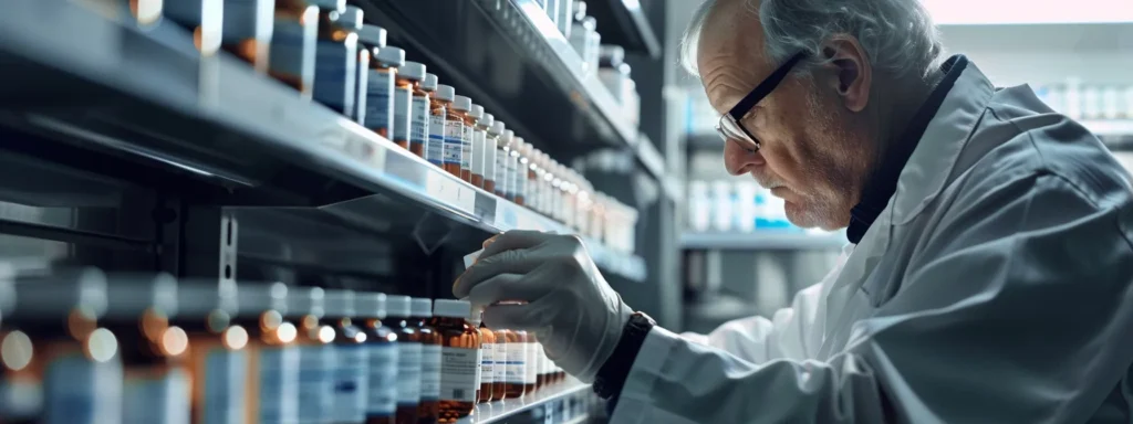 a pharmacist carefully inspecting vials of peptides in a pharmacy setting.