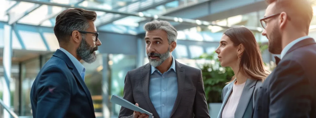 a group of business professionals discussing the benefits of peptide capsules for skincare.