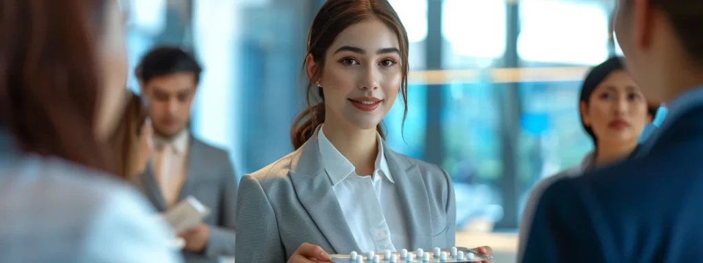 a woman in a sleek suit confidently presenting a tray of peptide capsules to a group of business professionals.